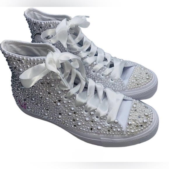 Crystal Diamond & Pearls High Top Converse Sizes 5-14 New With Ribbon Laces - Picture 3 of 15